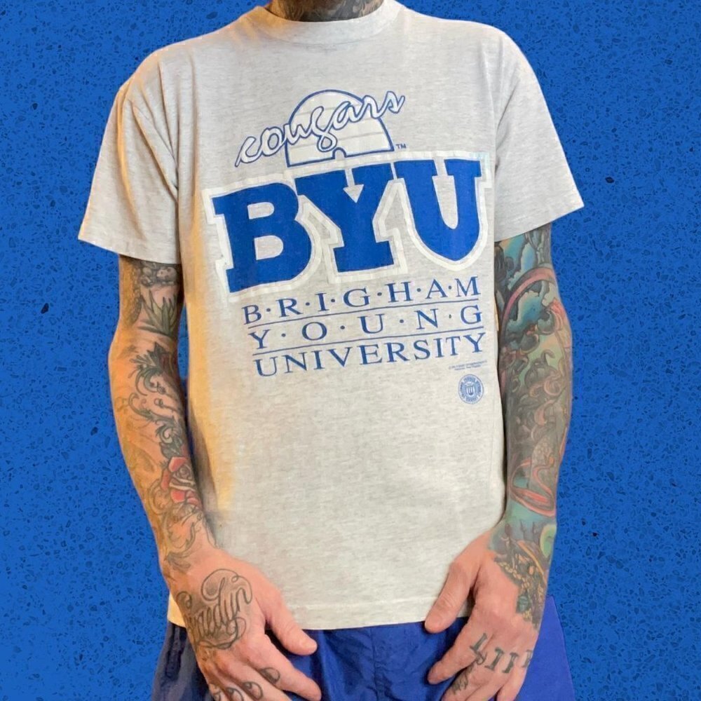 Vintage SINGLE STITCH BYU Cougars NCAA college t shirt gray blue rare grail L